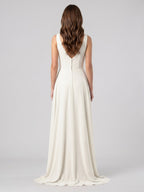 Ivory Chiffon A-Line Scoop Neck V-Back Floor-Length Pleated Bridesmaid Dress - Curvevia