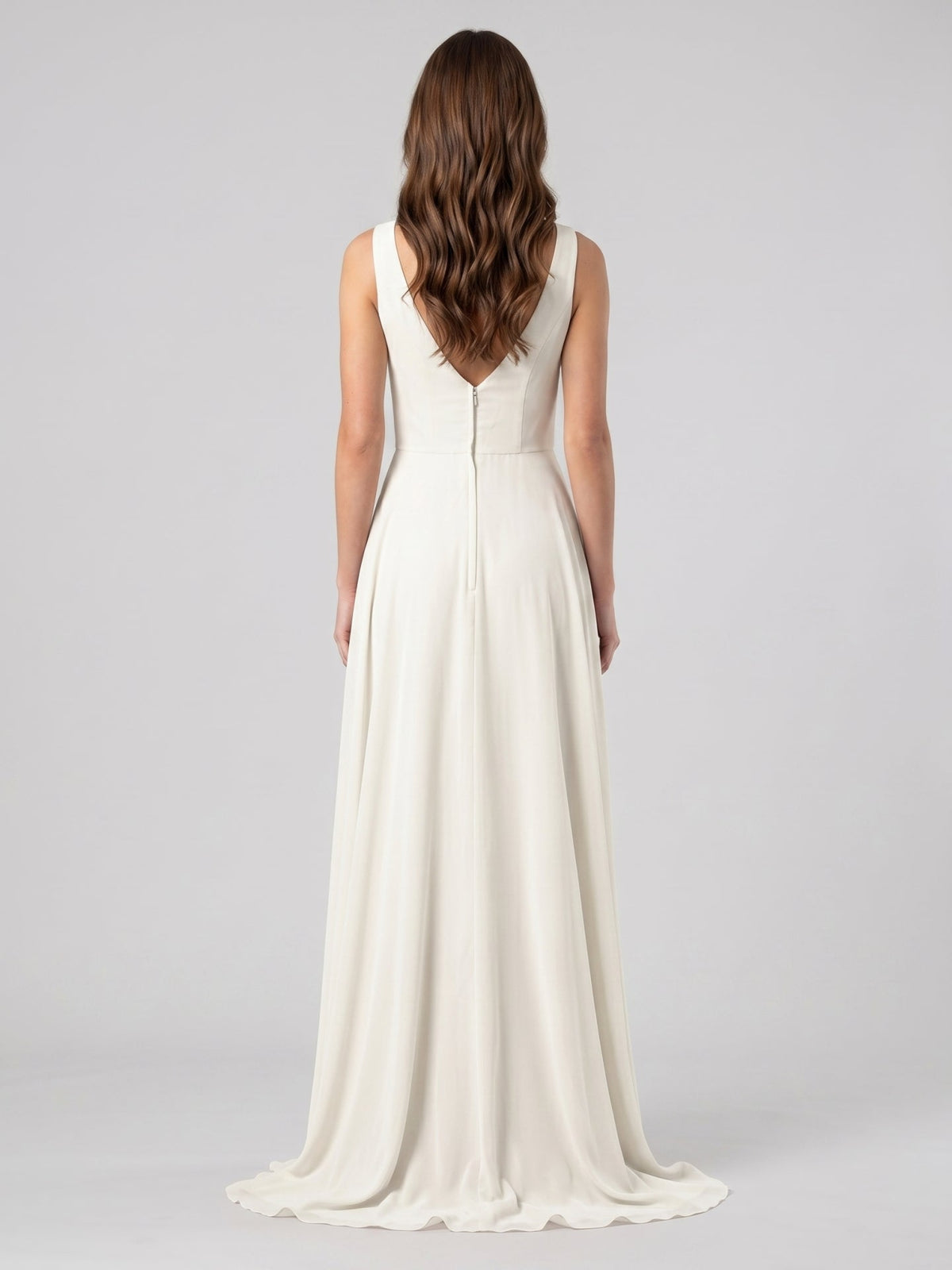 Ivory Chiffon A-Line Scoop Neck V-Back Floor-Length Pleated Bridesmaid Dress - Curvevia