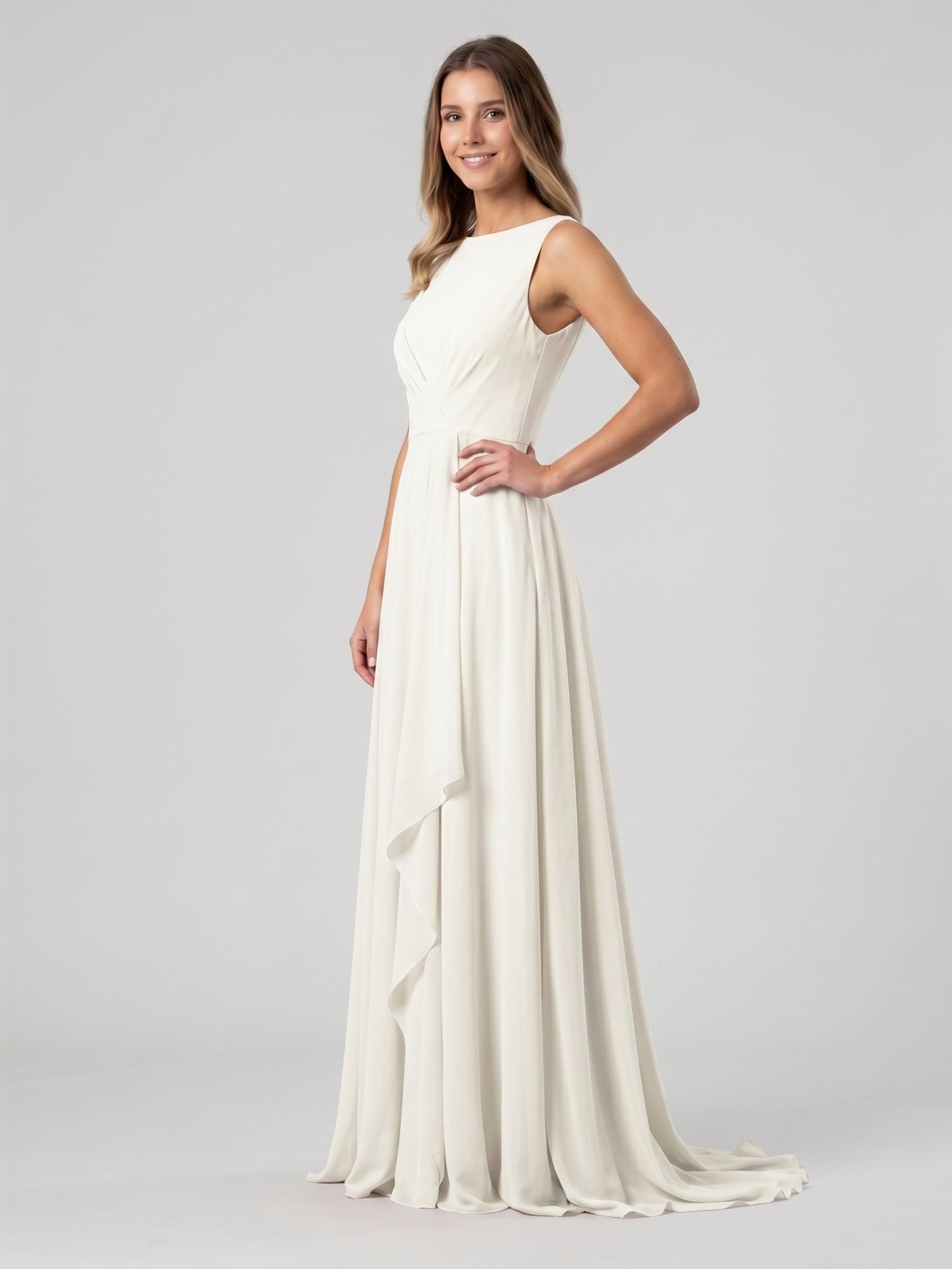 Ivory Chiffon A-Line Scoop Neck V-Back Floor-Length Pleated Bridesmaid Dress - Curvevia