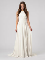 Ivory Chiffon A-Line Scoop Neck V-Back Floor-Length Pleated Bridesmaid Dress - Curvevia