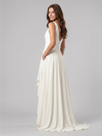 Ivory Chiffon A-Line Scoop Neck V-Back Floor-Length Pleated Bridesmaid Dress - Curvevia