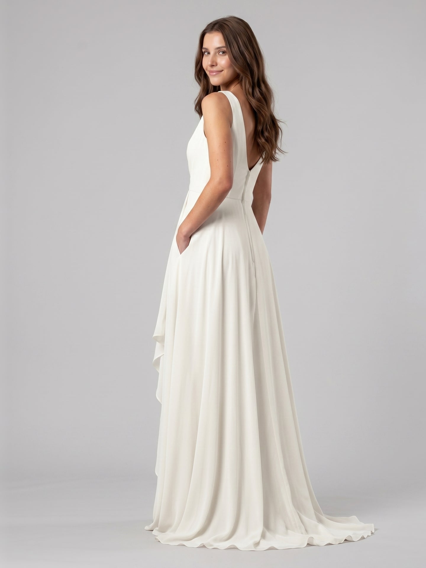 Ivory Chiffon A-Line Scoop Neck V-Back Floor-Length Pleated Bridesmaid Dress - Curvevia