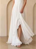 Ivory Chiffon A-Line Scoop Neck V-Back Floor-Length Pleated Bridesmaid Dress - Curvevia