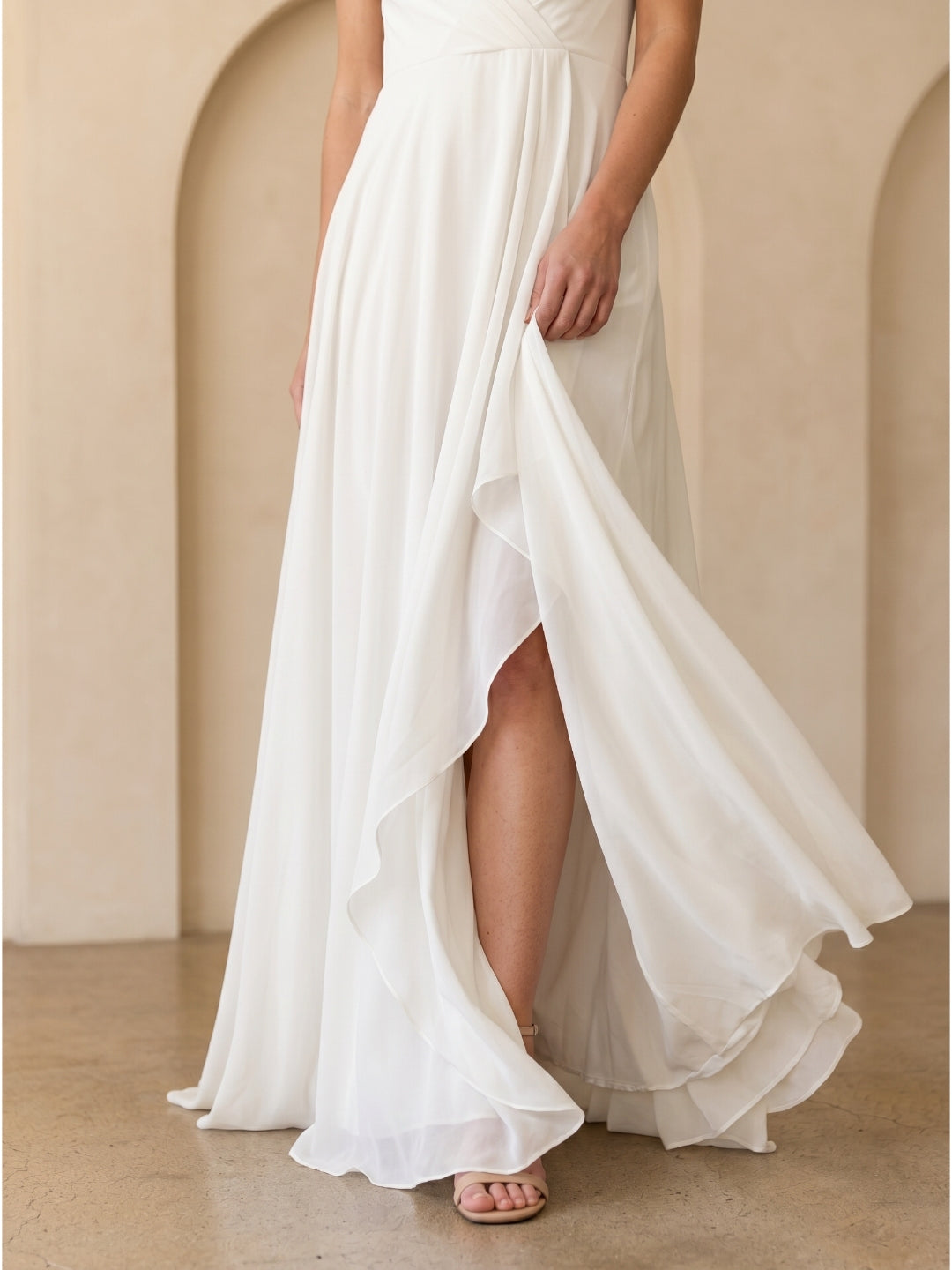 Ivory Chiffon A-Line Scoop Neck V-Back Floor-Length Pleated Bridesmaid Dress - Curvevia