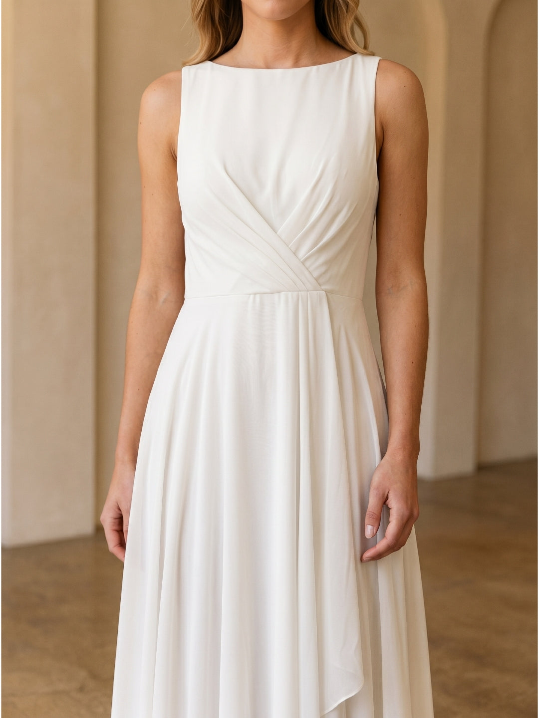 Ivory Chiffon A-Line Scoop Neck V-Back Floor-Length Pleated Bridesmaid Dress - Curvevia