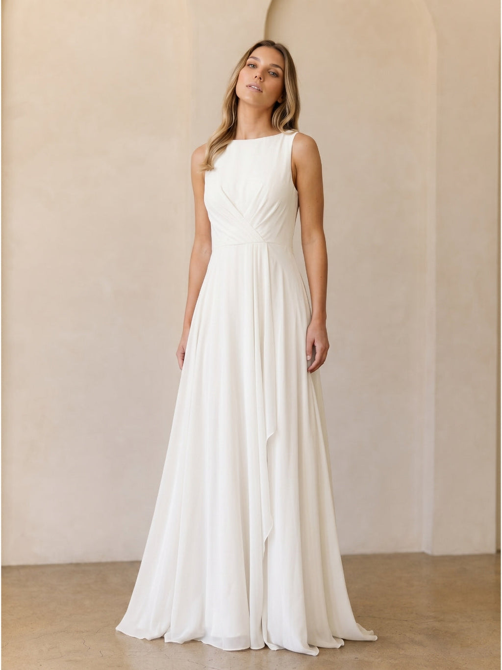 Ivory Chiffon A-Line Scoop Neck V-Back Floor-Length Pleated Bridesmaid Dress - Curvevia