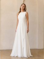 Ivory Chiffon A-Line Scoop Neck V-Back Floor-Length Pleated Bridesmaid Dress - Curvevia