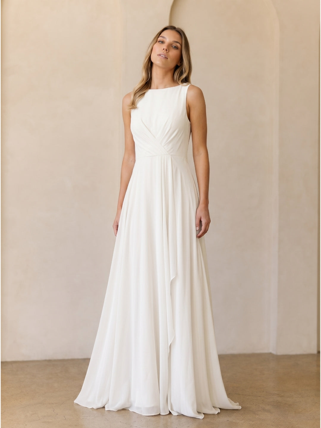 Ivory Chiffon A-Line Scoop Neck V-Back Floor-Length Pleated Bridesmaid Dress - Curvevia