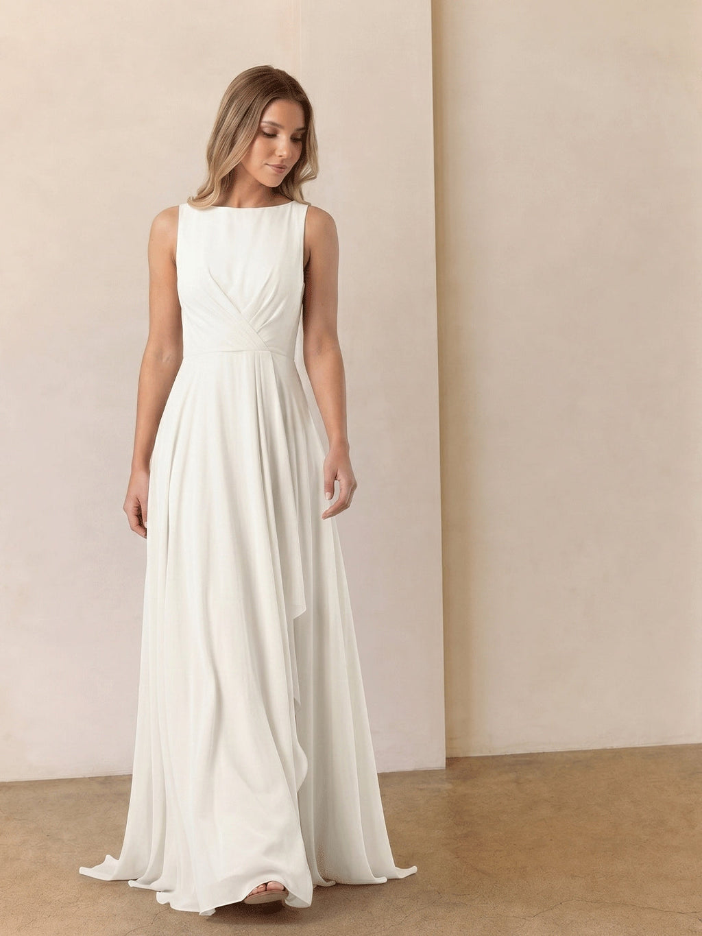 Ivory Chiffon A-Line Scoop Neck V-Back Floor-Length Pleated Bridesmaid Dress - Curvevia