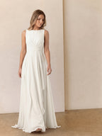 Ivory Chiffon A-Line Scoop Neck V-Back Floor-Length Pleated Bridesmaid Dress - Curvevia