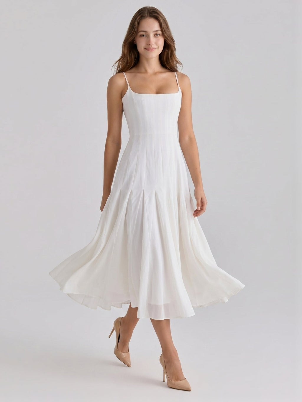 Ivory Chiffon A-Line Square Neck Back Zip Tea-Length Pleated Bridesmaid Dress - Curvevia