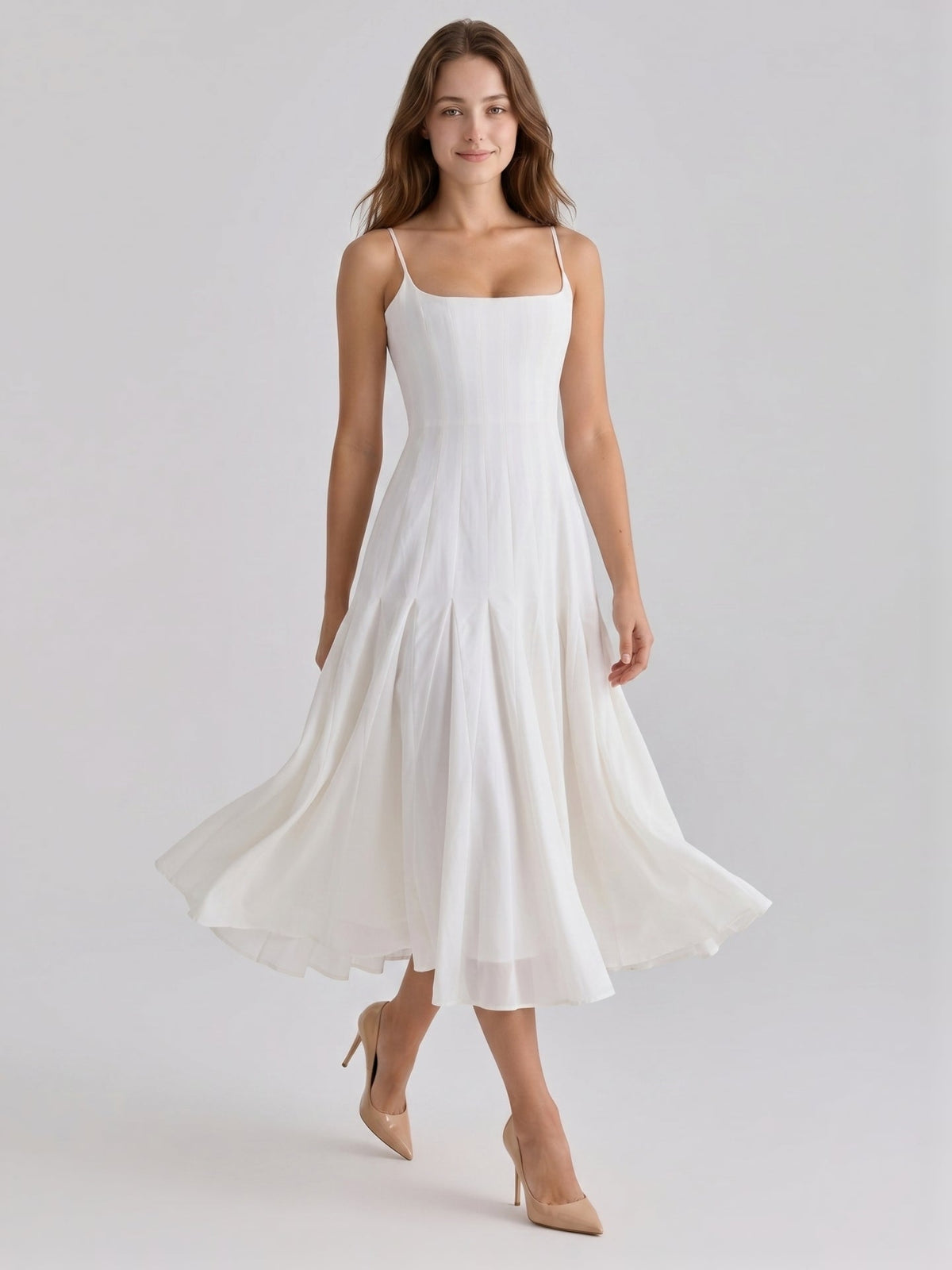 Ivory Chiffon A-Line Square Neck Back Zip Tea-Length Pleated Bridesmaid Dress - Curvevia