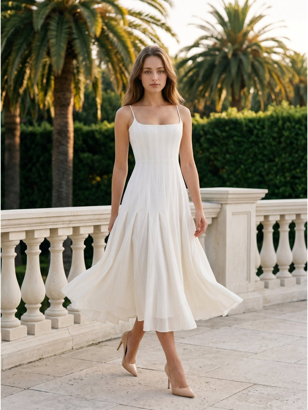 Ivory Chiffon A-Line Square Neck Back Zip Tea-Length Pleated Bridesmaid Dress - Curvevia