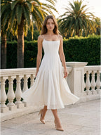 Ivory Chiffon A-Line Square Neck Back Zip Tea-Length Pleated Bridesmaid Dress - Curvevia