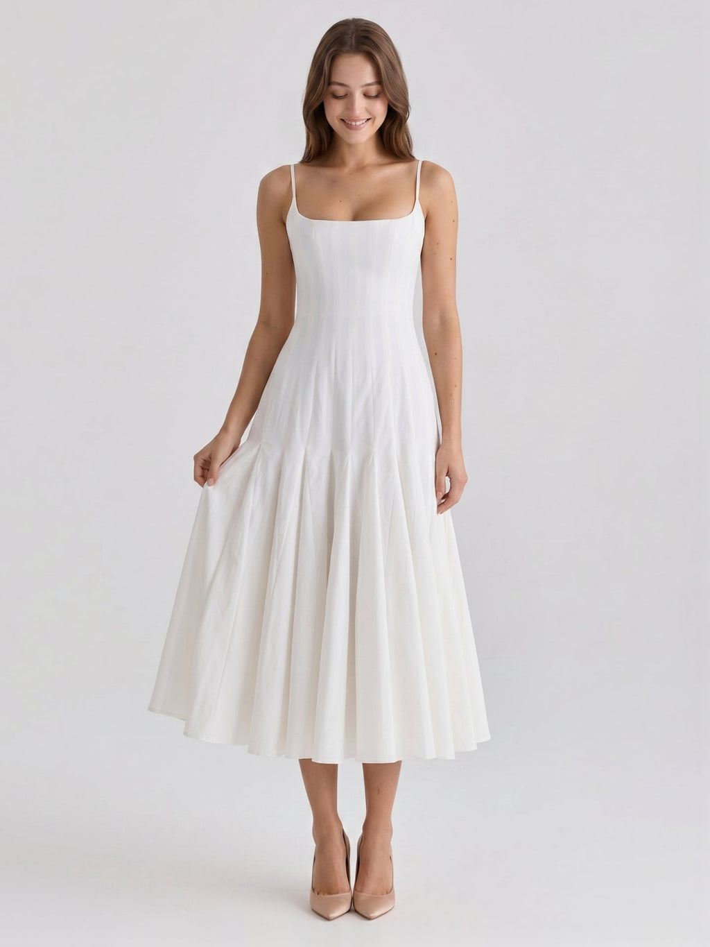 Ivory Chiffon A-Line Square Neck Back Zip Tea-Length Pleated Bridesmaid Dress - Curvevia