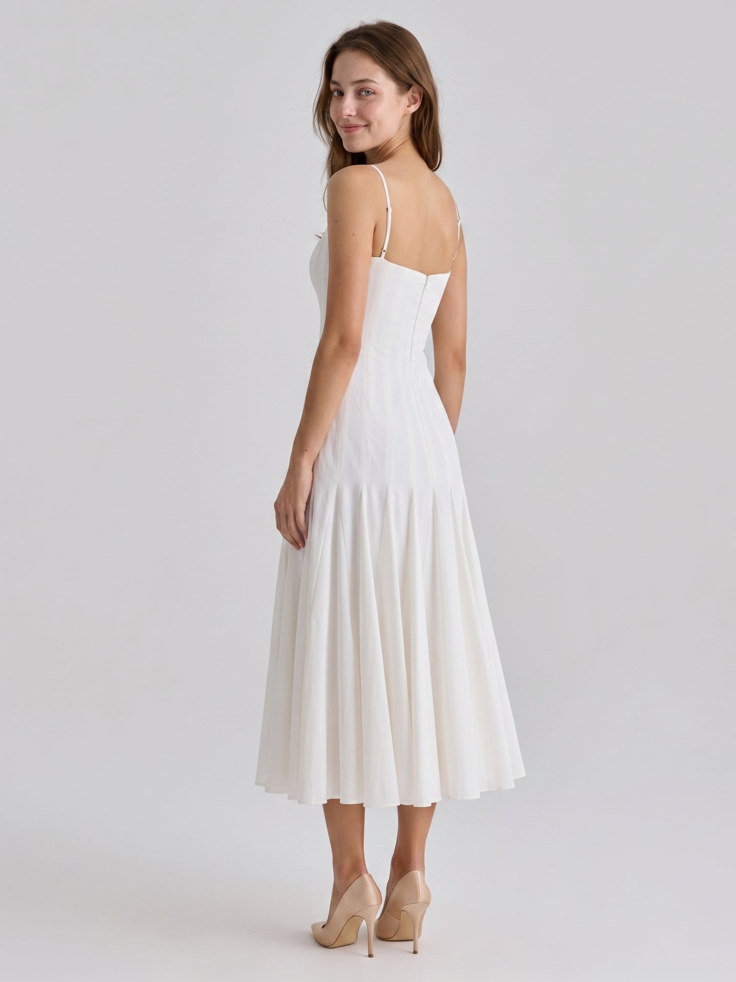Ivory Chiffon A-Line Square Neck Back Zip Tea-Length Pleated Bridesmaid Dress - Curvevia