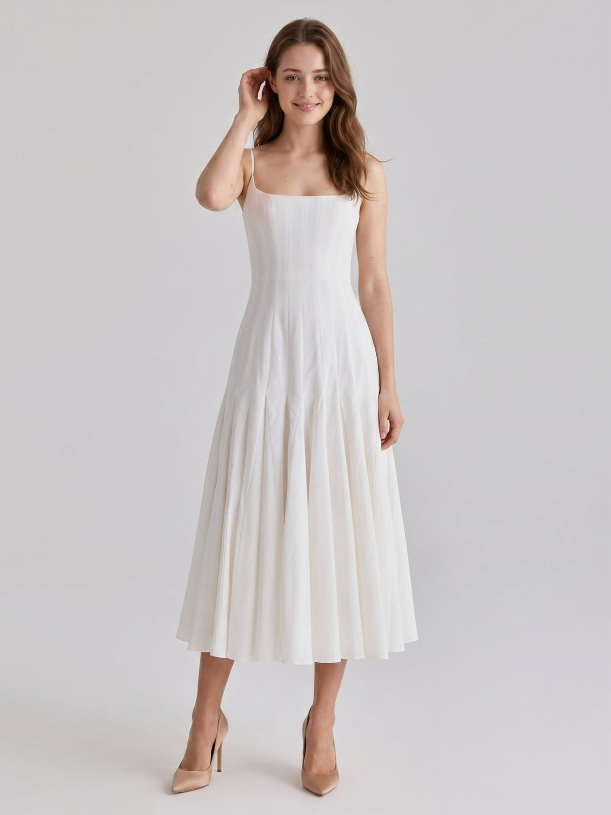 Ivory Chiffon A-Line Square Neck Back Zip Tea-Length Pleated Bridesmaid Dress - Curvevia