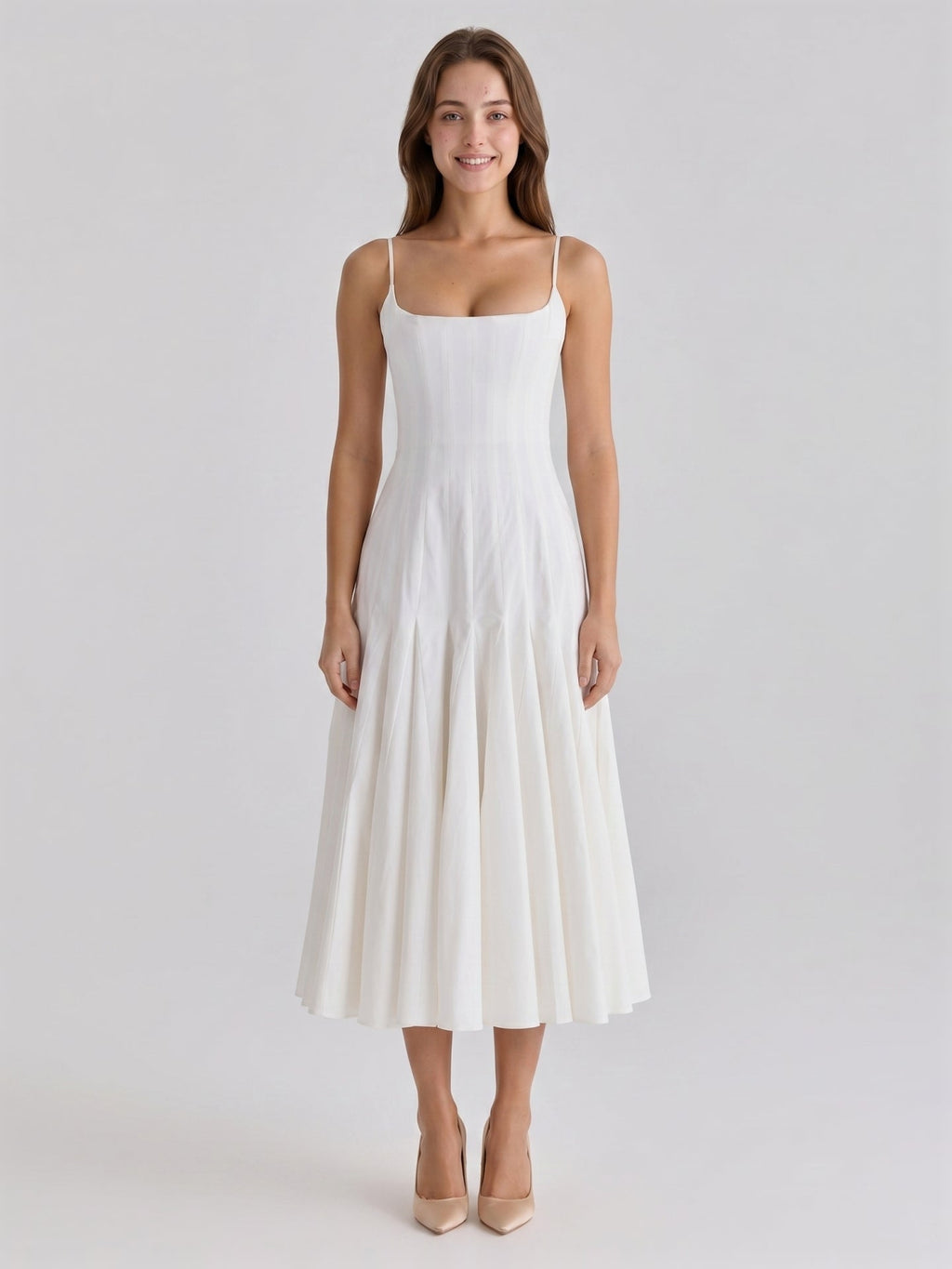 Ivory Chiffon A-Line Square Neck Back Zip Tea-Length Pleated Bridesmaid Dress - Curvevia