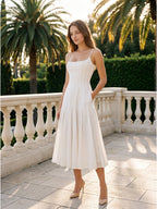 Ivory Chiffon A-Line Square Neck Back Zip Tea-Length Pleated Bridesmaid Dress - Curvevia