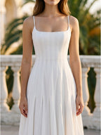 Ivory Chiffon A-Line Square Neck Back Zip Tea-Length Pleated Bridesmaid Dress - Curvevia