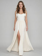 Ivory Chiffon A-Line Square Neck Floor-Length Bridesmaid Dress with Bow - Curvevia