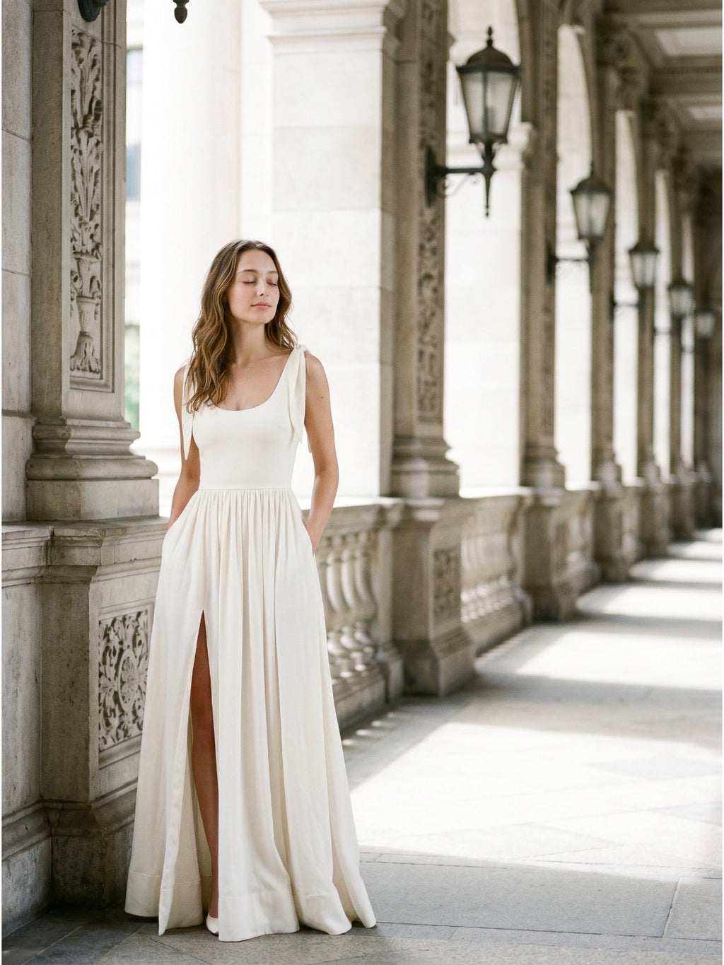 Ivory Chiffon A-Line Square Neck Floor-Length Bridesmaid Dress with Bow - Curvevia