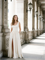 Ivory Chiffon A-Line Square Neck Floor-Length Bridesmaid Dress with Bow - Curvevia