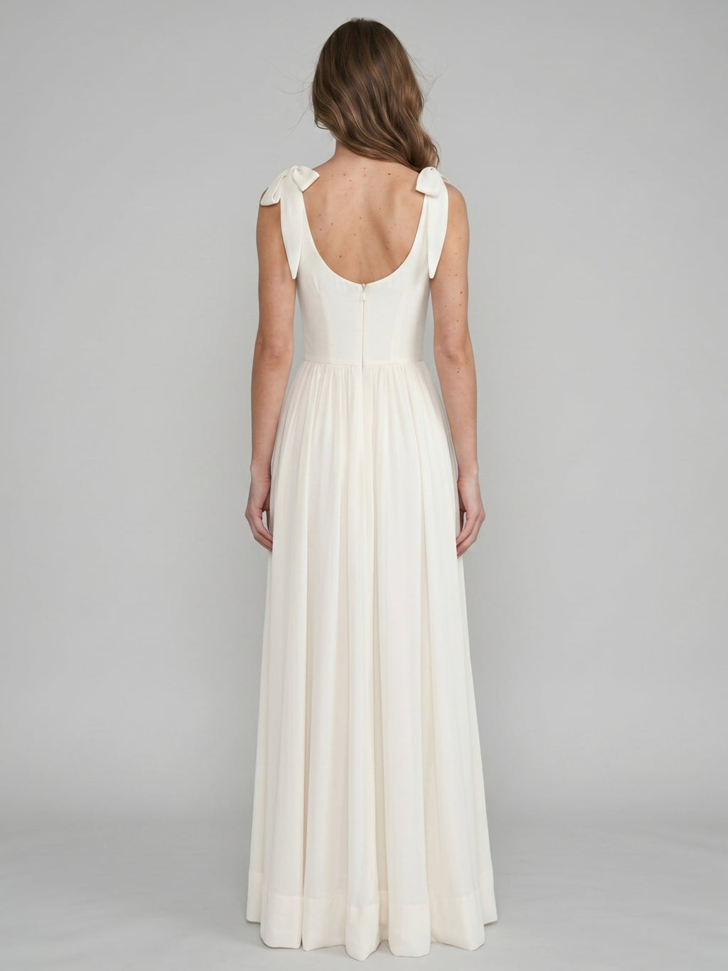 Ivory Chiffon A-Line Square Neck Floor-Length Bridesmaid Dress with Bow - Curvevia