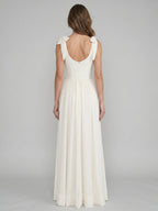 Ivory Chiffon A-Line Square Neck Floor-Length Bridesmaid Dress with Bow - Curvevia