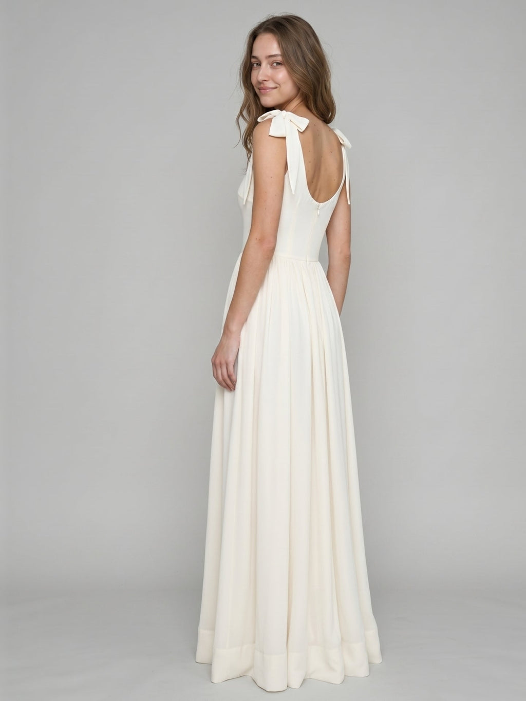 Ivory Chiffon A-Line Square Neck Floor-Length Bridesmaid Dress with Bow - Curvevia