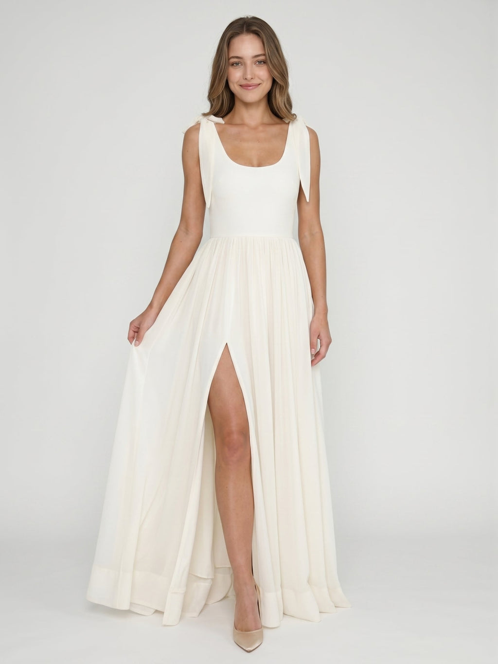 Ivory Chiffon A-Line Square Neck Floor-Length Bridesmaid Dress with Bow - Curvevia