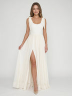 Ivory Chiffon A-Line Square Neck Floor-Length Bridesmaid Dress with Bow - Curvevia