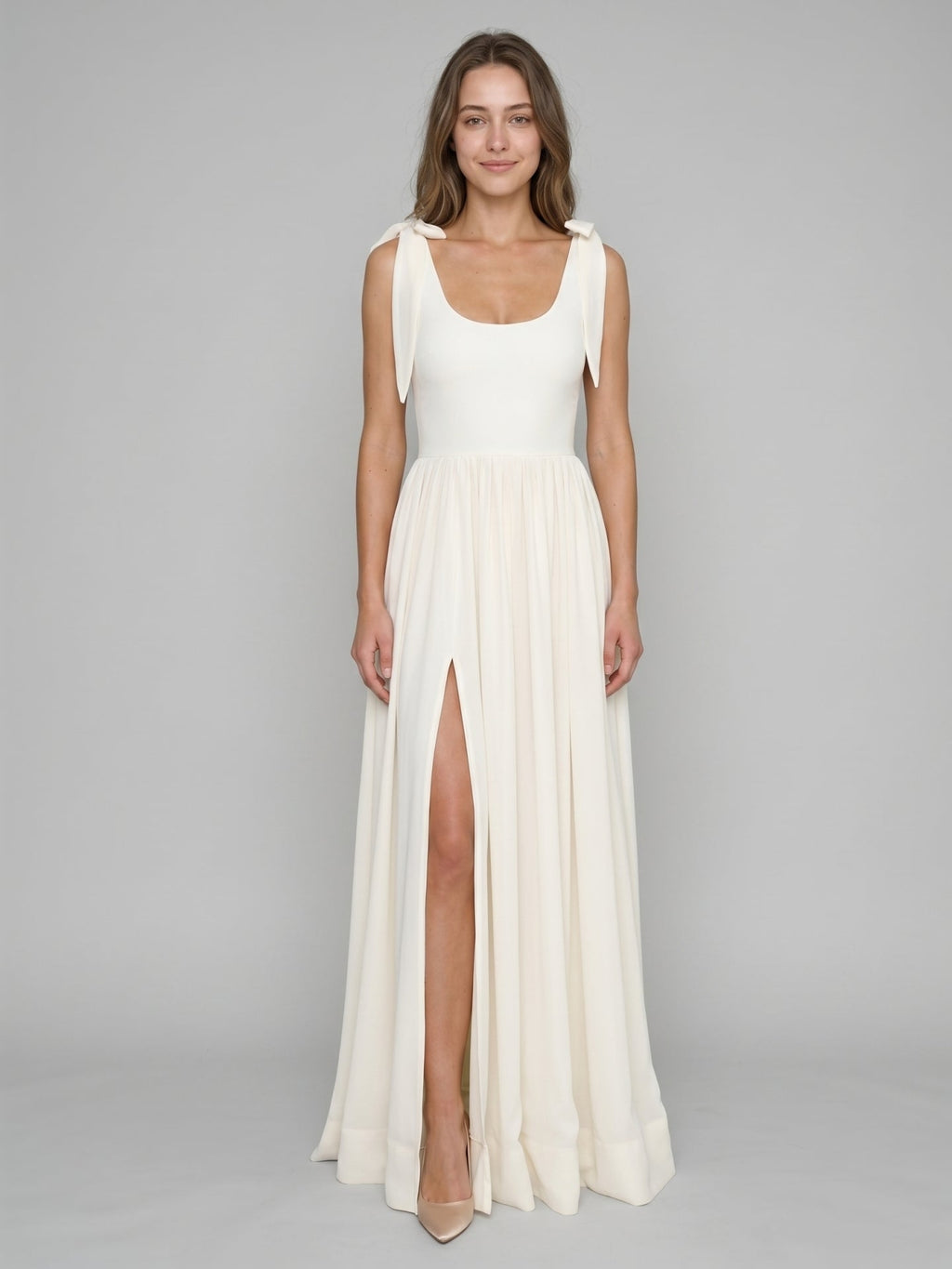 Ivory Chiffon A-Line Square Neck Floor-Length Bridesmaid Dress with Bow - Curvevia