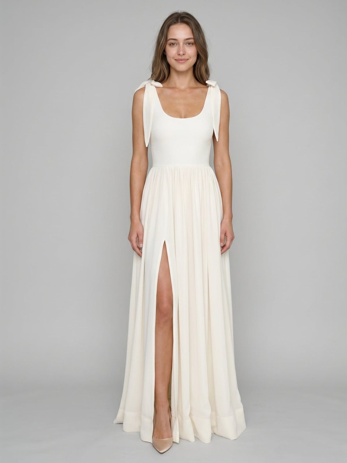Ivory Chiffon A-Line Square Neck Floor-Length Bridesmaid Dress with Bow - Curvevia
