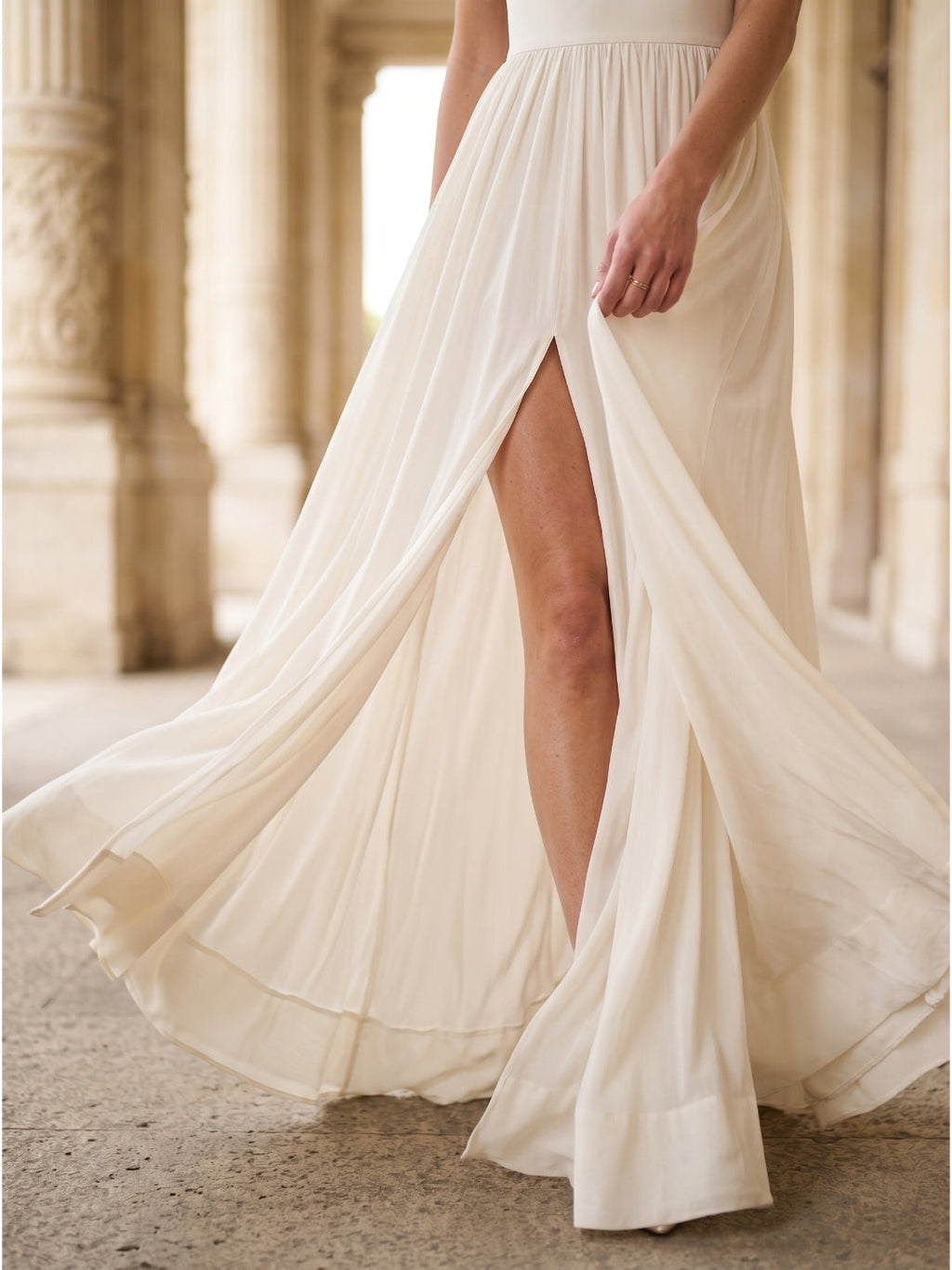 Ivory Chiffon A-Line Square Neck Floor-Length Bridesmaid Dress with Bow - Curvevia