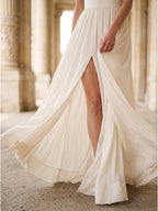 Ivory Chiffon A-Line Square Neck Floor-Length Bridesmaid Dress with Bow - Curvevia