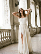 Ivory Chiffon A-Line Square Neck Floor-Length Bridesmaid Dress with Bow - Curvevia