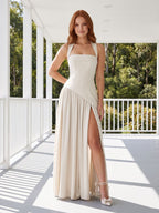 Ivory Chiffon A-Line Square Neck Lace-up Floor-Length Dress - Curvevia