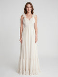 Ivory Chiffon A-Line V-Neck Back Zip Floor-Length Bridesmaid Dress with Pleated Finish - Curvevia