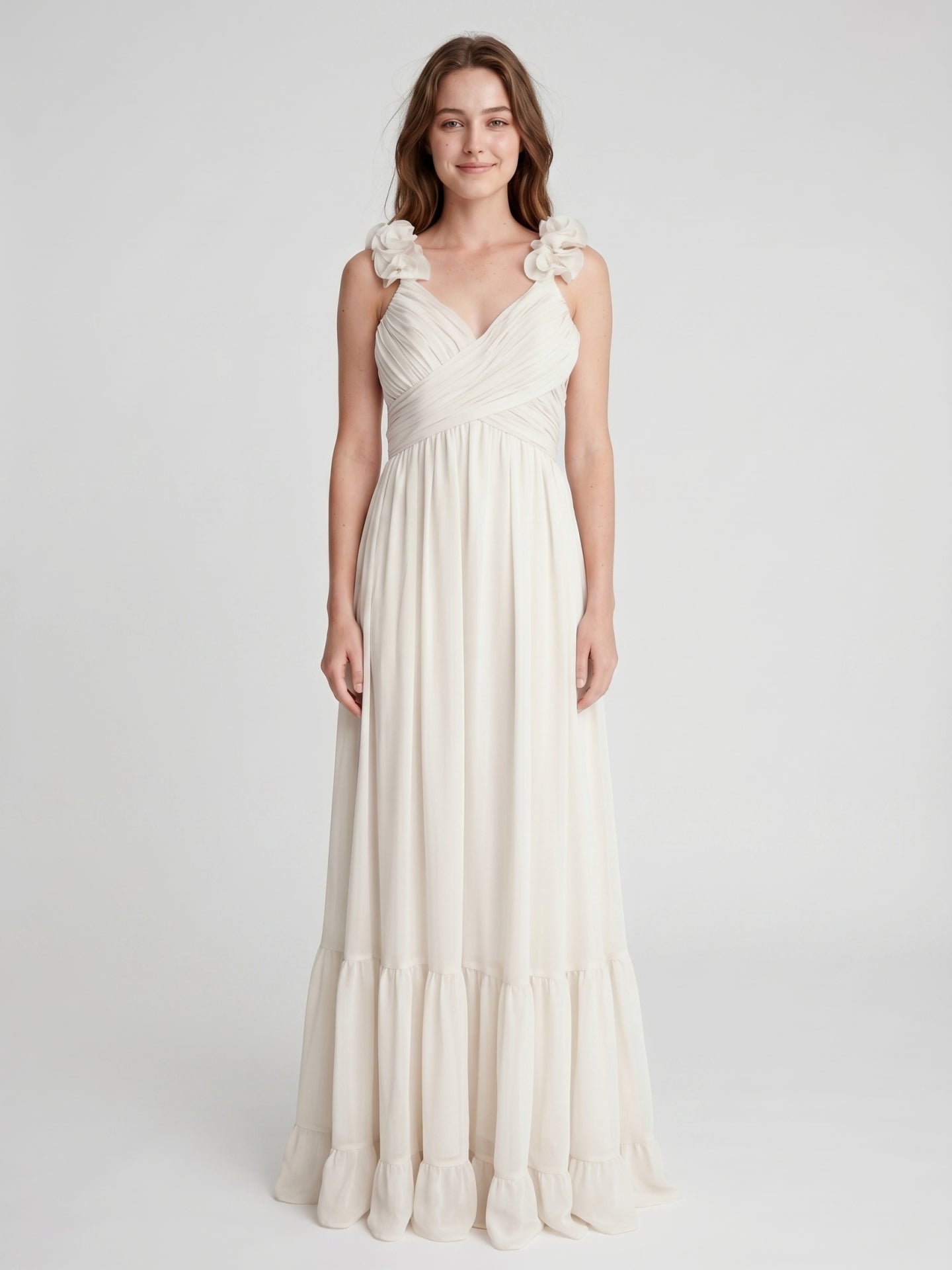 Ivory Chiffon A-Line V-Neck Back Zip Floor-Length Bridesmaid Dress with Pleated Finish - Curvevia