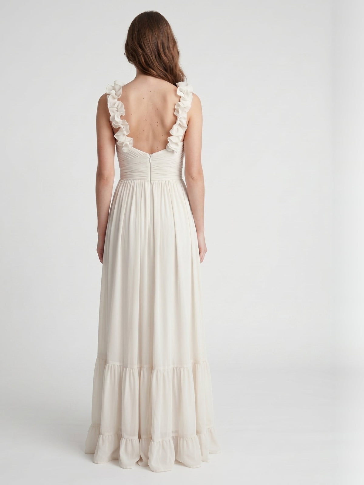 Ivory Chiffon A-Line V-Neck Back Zip Floor-Length Bridesmaid Dress with Pleated Finish - Curvevia