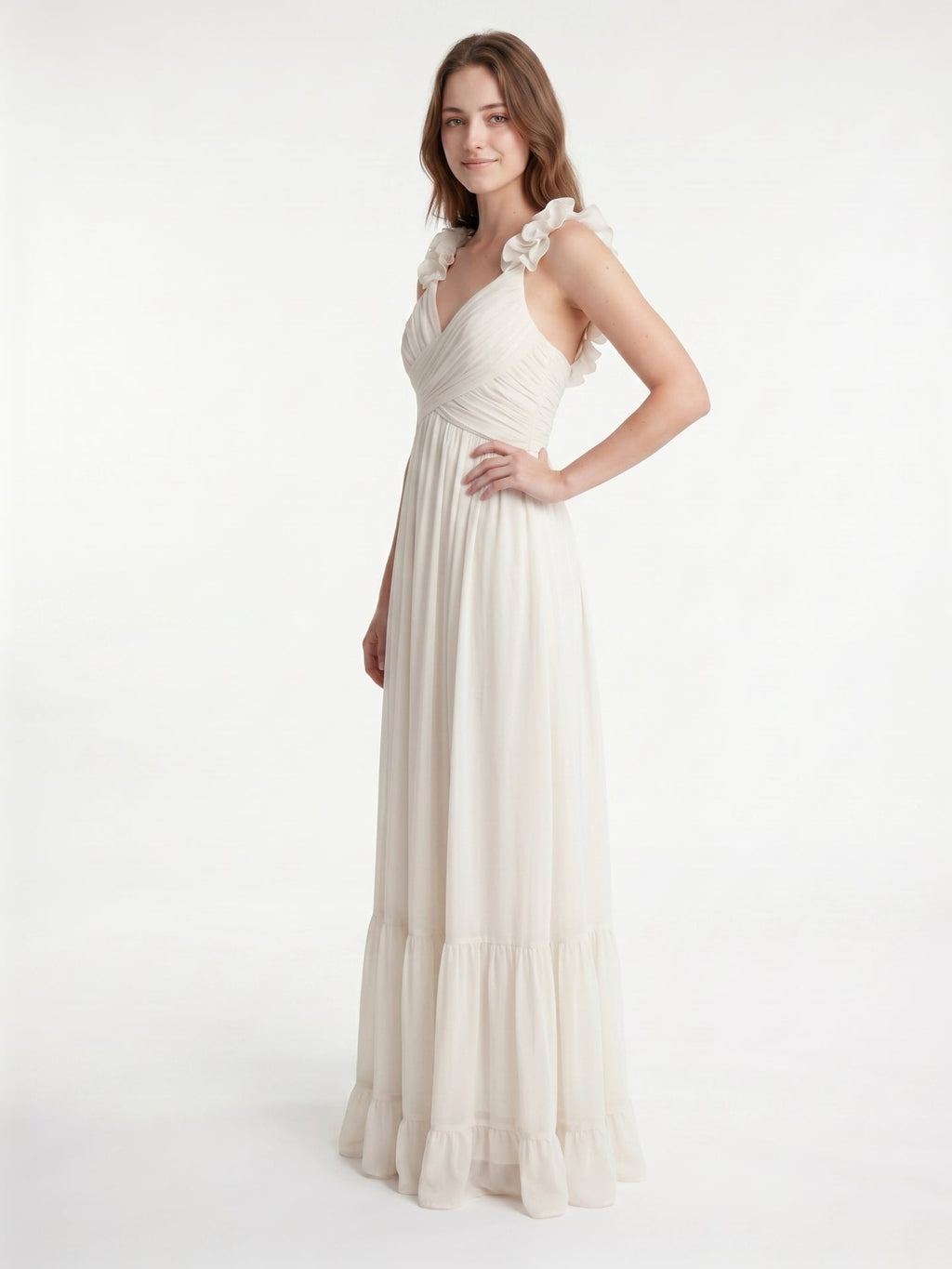 Ivory Chiffon A-Line V-Neck Back Zip Floor-Length Bridesmaid Dress with Pleated Finish - Curvevia