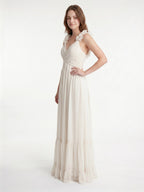 Ivory Chiffon A-Line V-Neck Back Zip Floor-Length Bridesmaid Dress with Pleated Finish - Curvevia