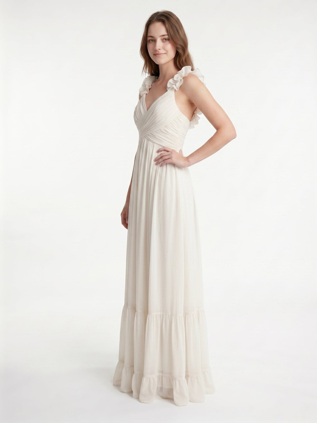 Ivory Chiffon A-Line V-Neck Back Zip Floor-Length Bridesmaid Dress with Pleated Finish - Curvevia