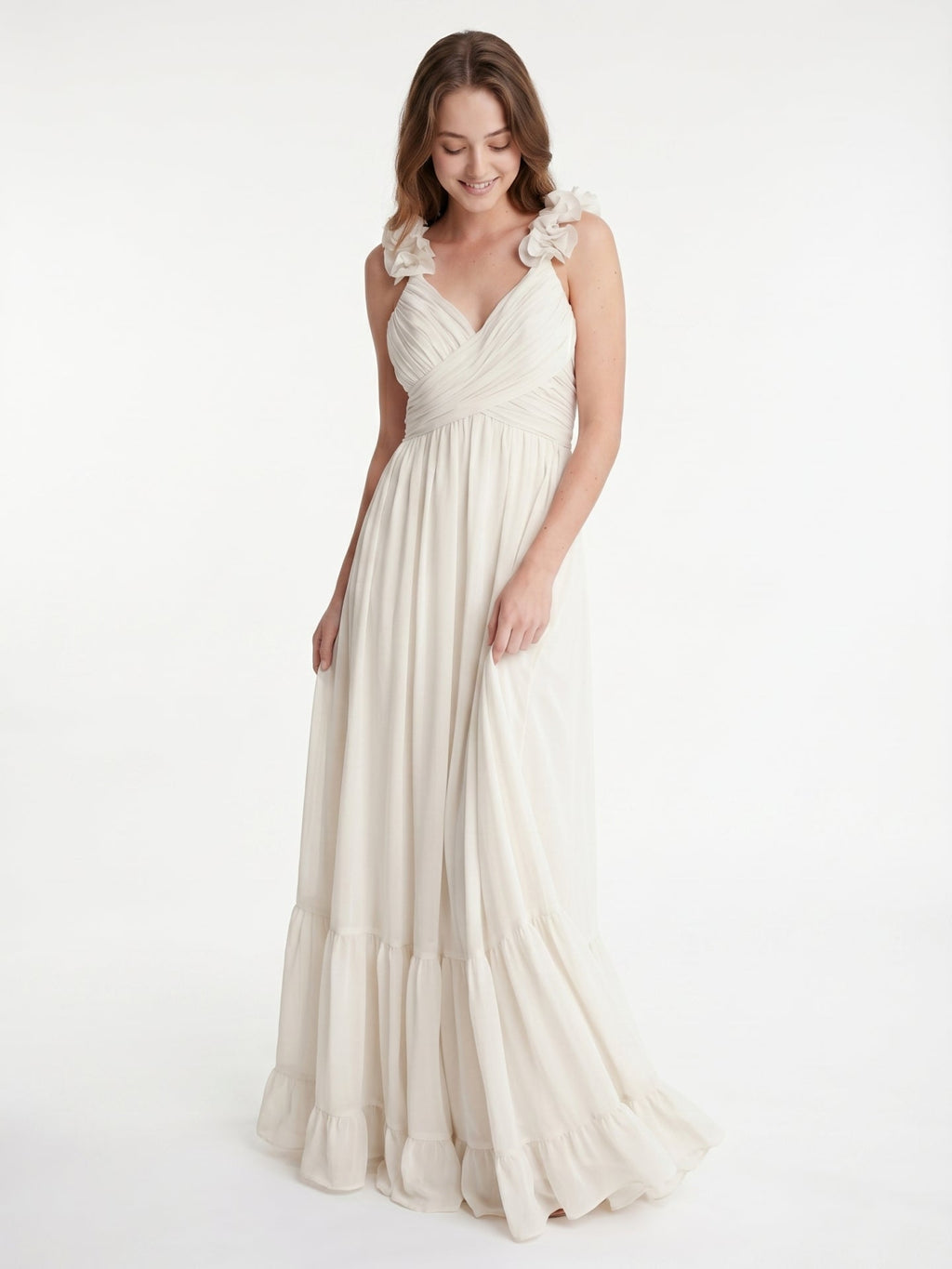 Ivory Chiffon A-Line V-Neck Back Zip Floor-Length Bridesmaid Dress with Pleated Finish - Curvevia