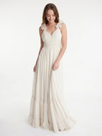 Ivory Chiffon A-Line V-Neck Back Zip Floor-Length Bridesmaid Dress with Pleated Finish - Curvevia