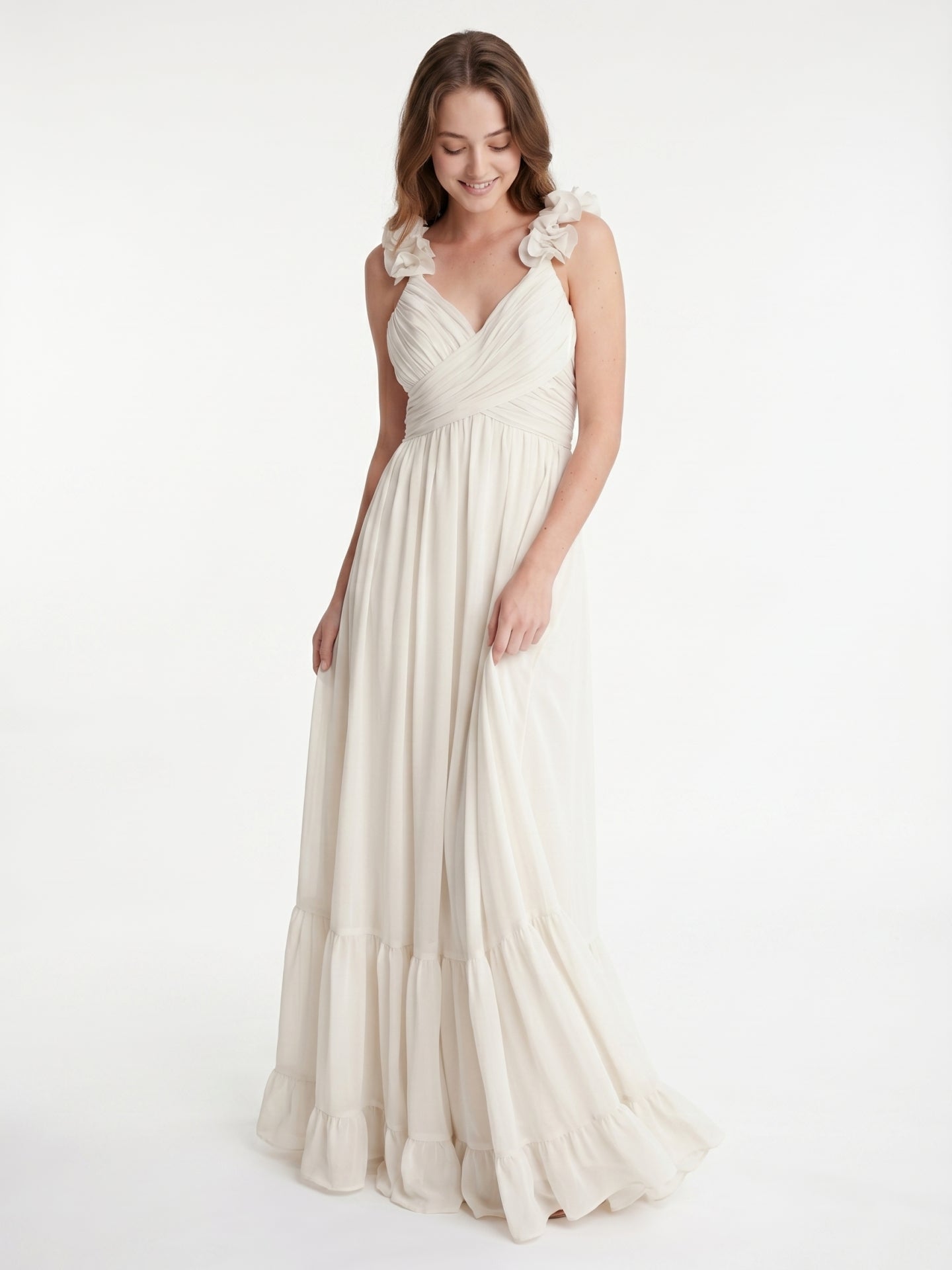Ivory Chiffon A-Line V-Neck Back Zip Floor-Length Bridesmaid Dress with Pleated Finish - Curvevia