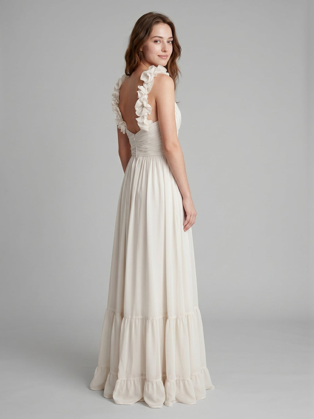 Ivory Chiffon A-Line V-Neck Back Zip Floor-Length Bridesmaid Dress with Pleated Finish - Curvevia
