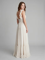 Ivory Chiffon A-Line V-Neck Back Zip Floor-Length Bridesmaid Dress with Pleated Finish - Curvevia