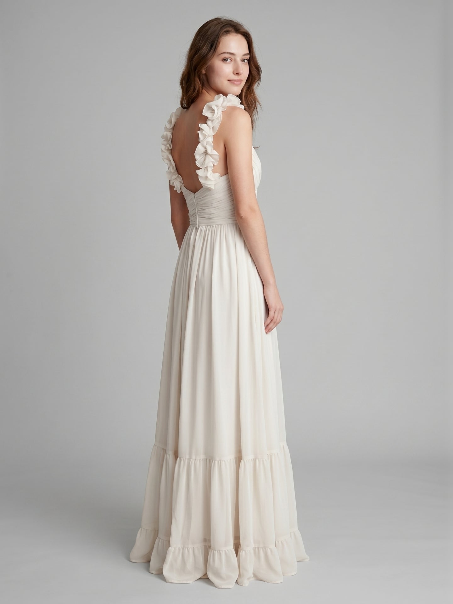 Ivory Chiffon A-Line V-Neck Back Zip Floor-Length Bridesmaid Dress with Pleated Finish - Curvevia